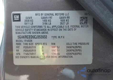 2012 Buick Enclave Leather z USA, uszkodzony, nr VIN 5GAKRCED9CJ353932